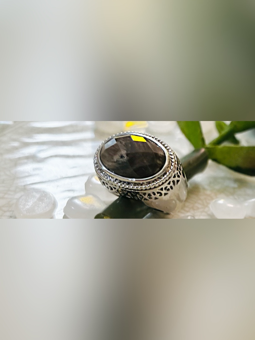 Gorgeous Silver tone faux smoky quartz Stone Oval Statement Ring